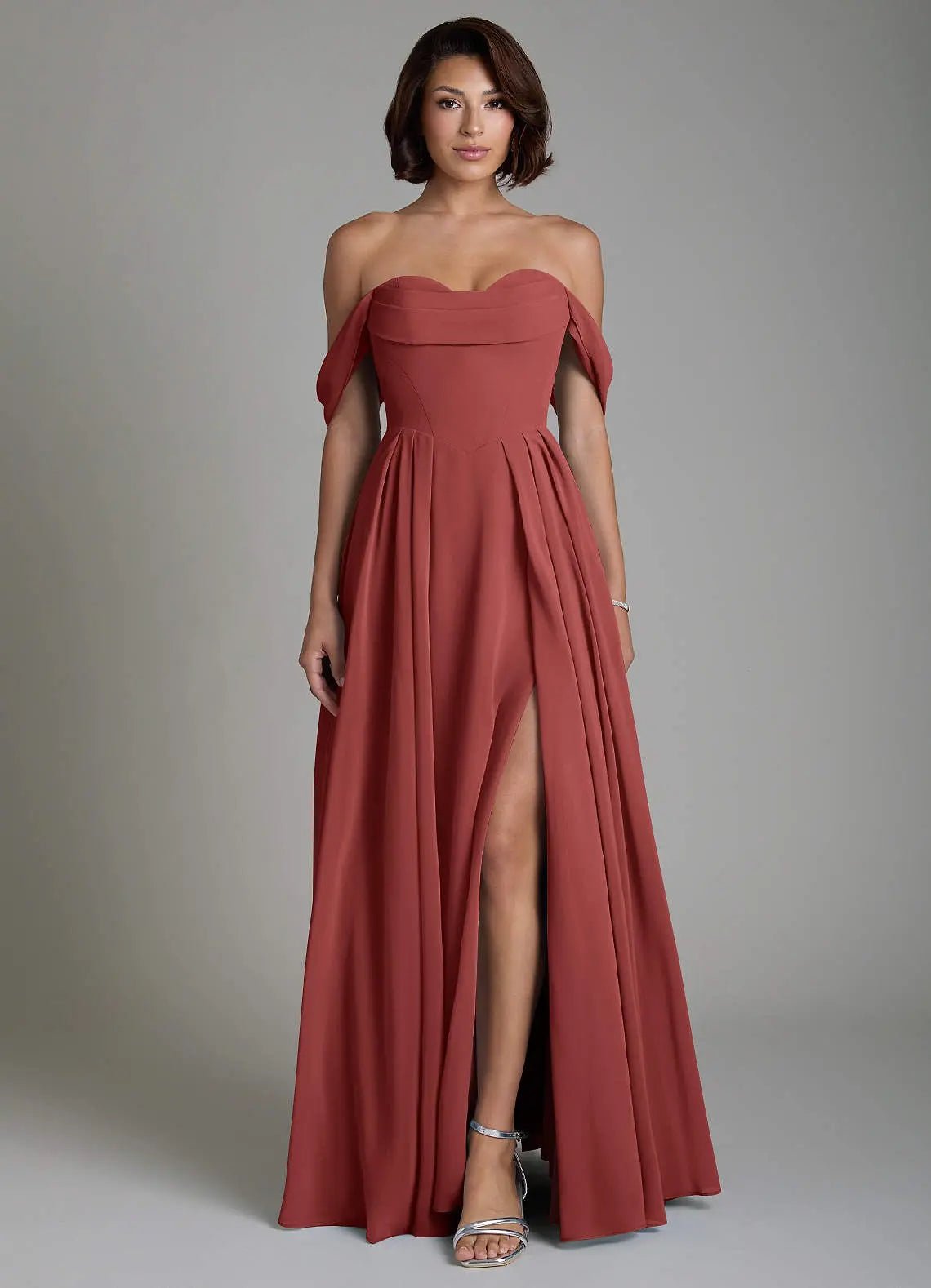 Loisa A-Line Off-the-Shoulder Chiffon Bridesmaid Dress in Terracotta