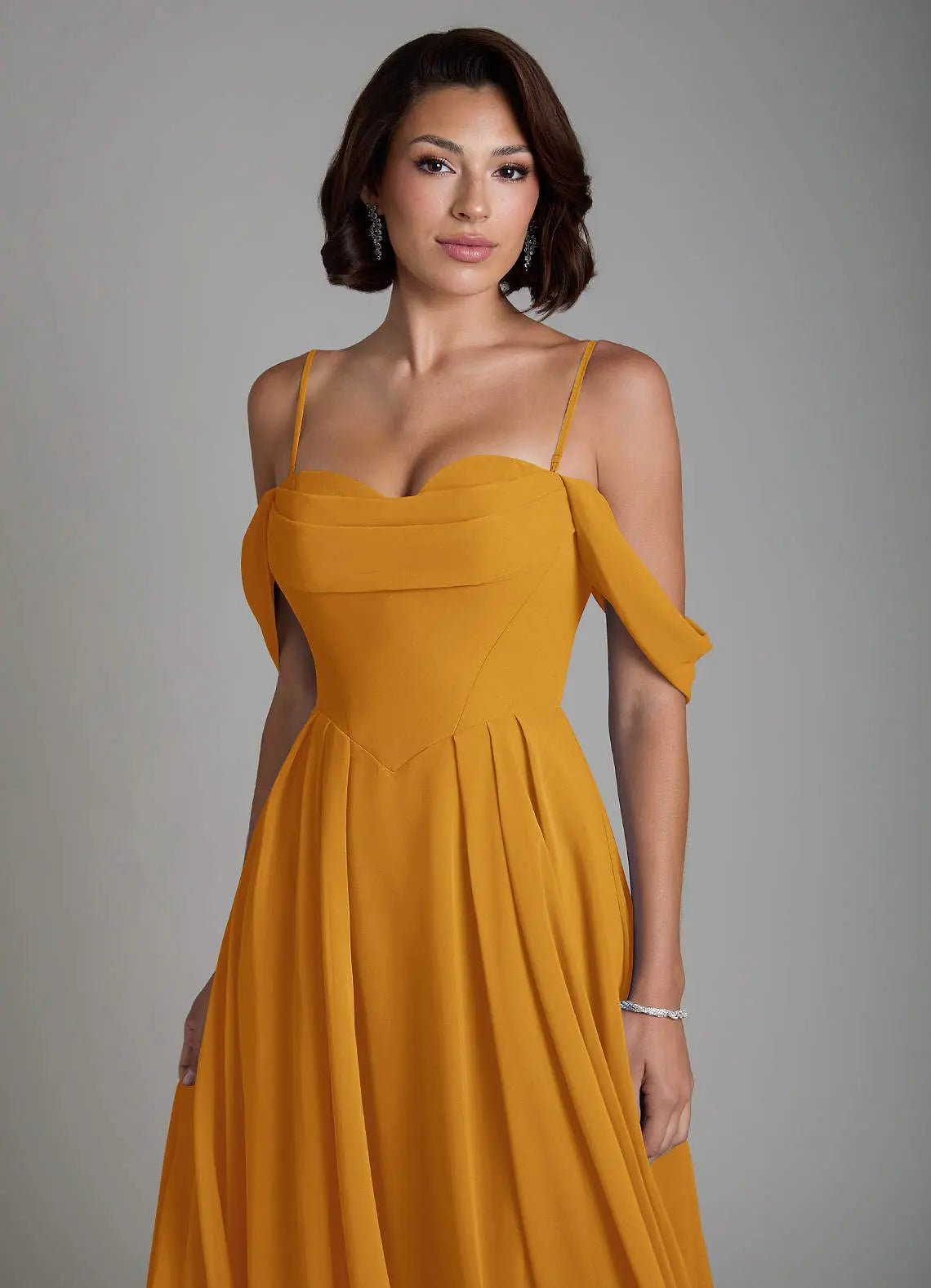 Loisa A-Line Off-the-Shoulder Chiffon Bridesmaid Dress in butterscotch