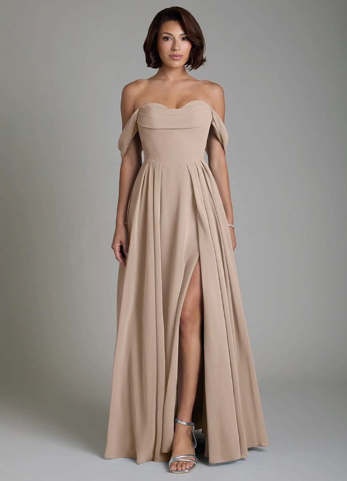 Loisa A-Line Off-the-Shoulder Chiffon Bridesmaid Dress in Taupe