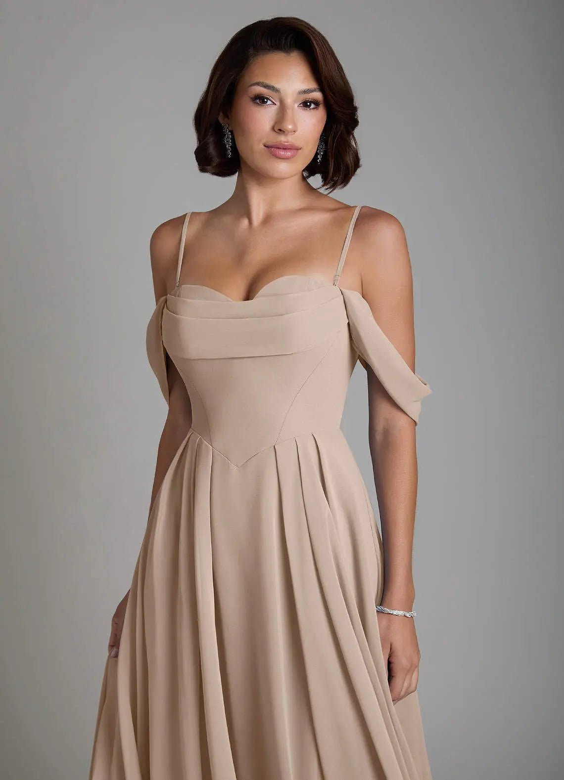 Loisa A-Line Off-the-Shoulder Chiffon Bridesmaid Dress in Taupe