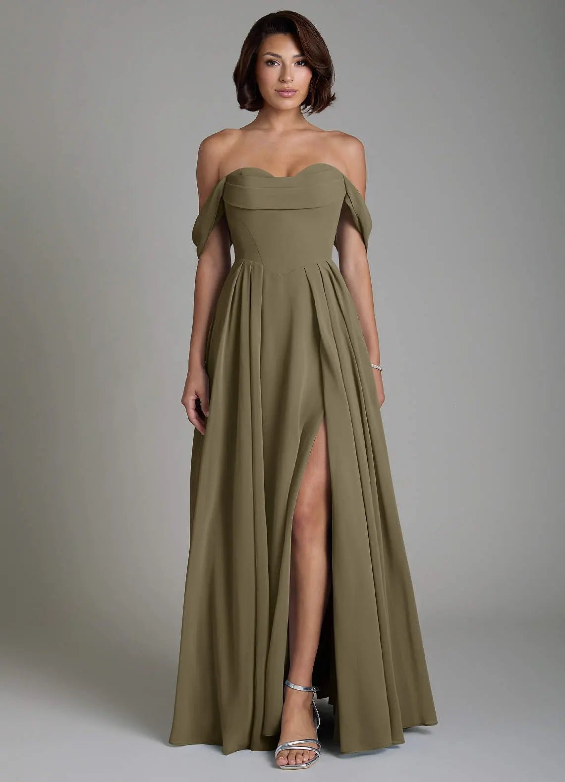 Loisa A-Line Off-the-Shoulder Chiffon Bridesmaid Dress in Willow Green