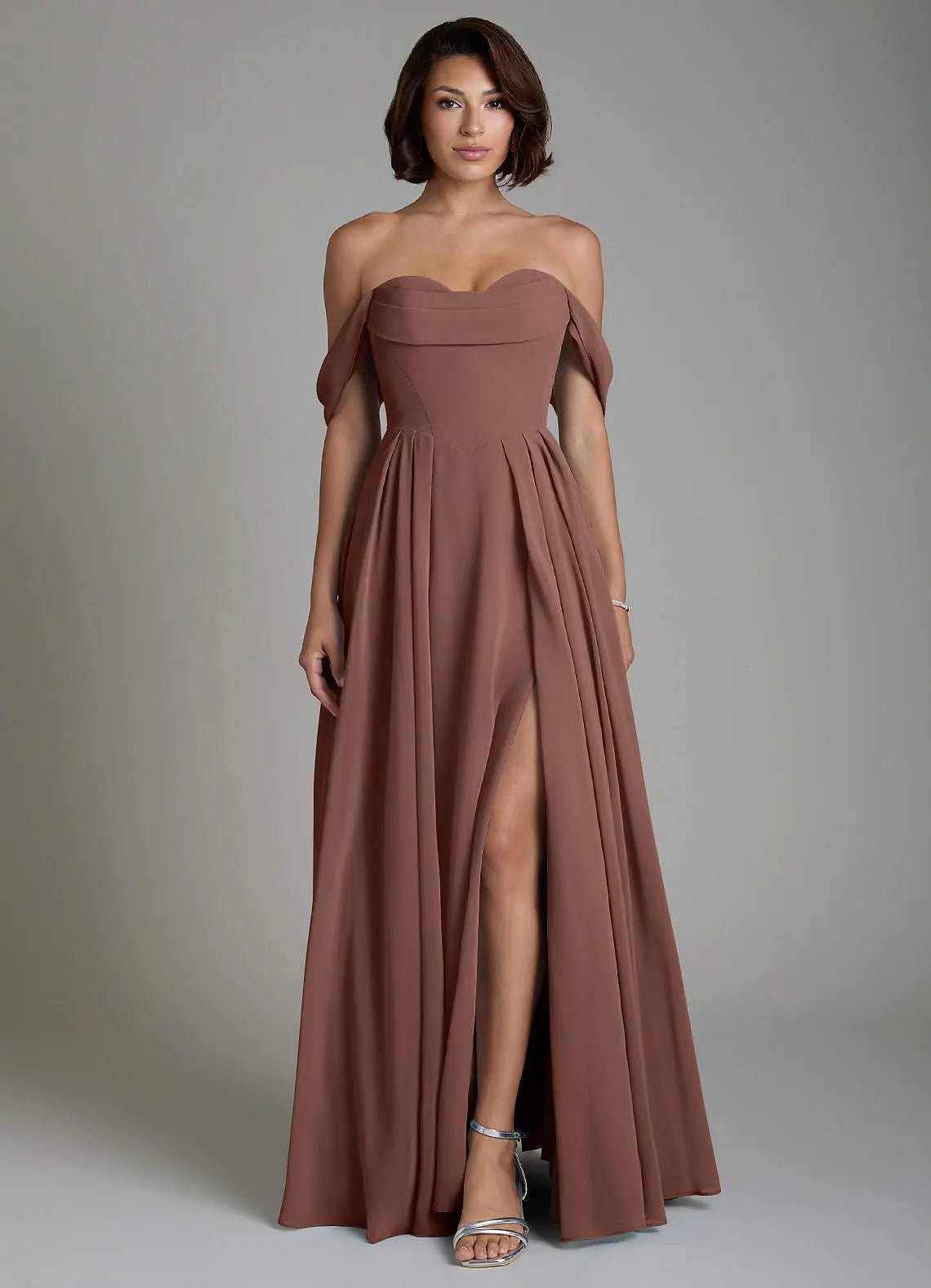 Loisa A-Line Off-the-Shoulder Chiffon Bridesmaid Dress in Espresso