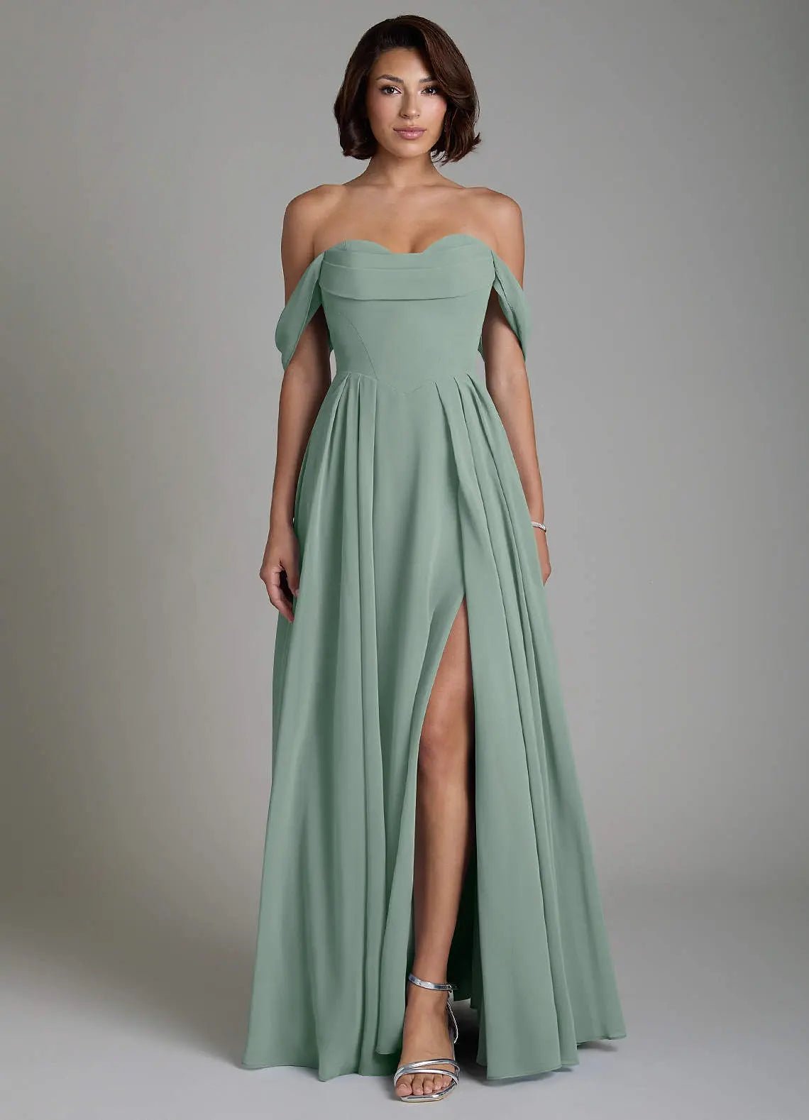 Loisa A-Line Off-the-Shoulder Chiffon Bridesmaid Dress in Silver Sage