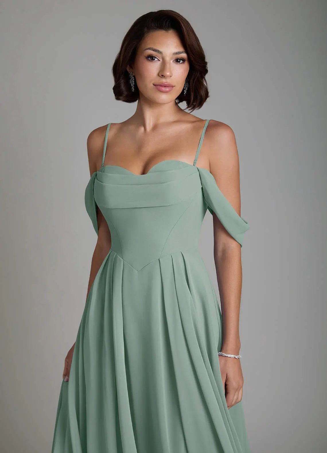 Loisa A-Line Off-the-Shoulder Chiffon Bridesmaid Dress in Silver Sage