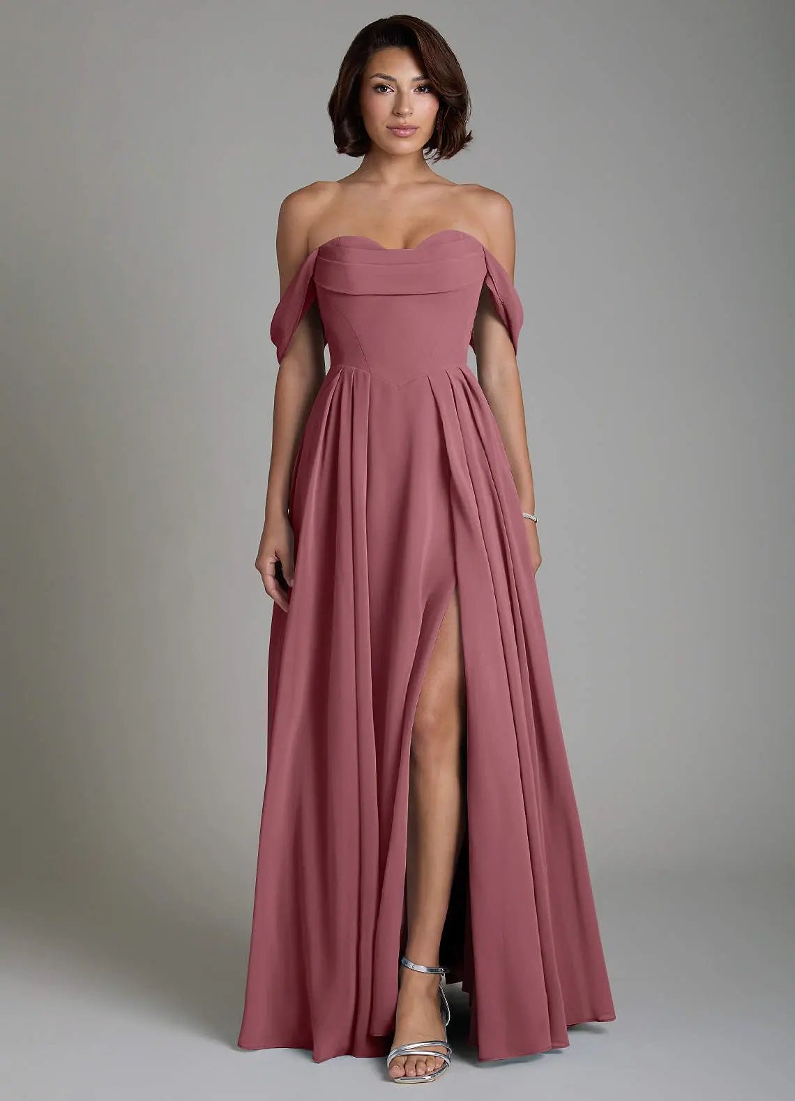 Loisa A-Line Off-the-Shoulder Chiffon Bridesmaid Dress in Desert Rose