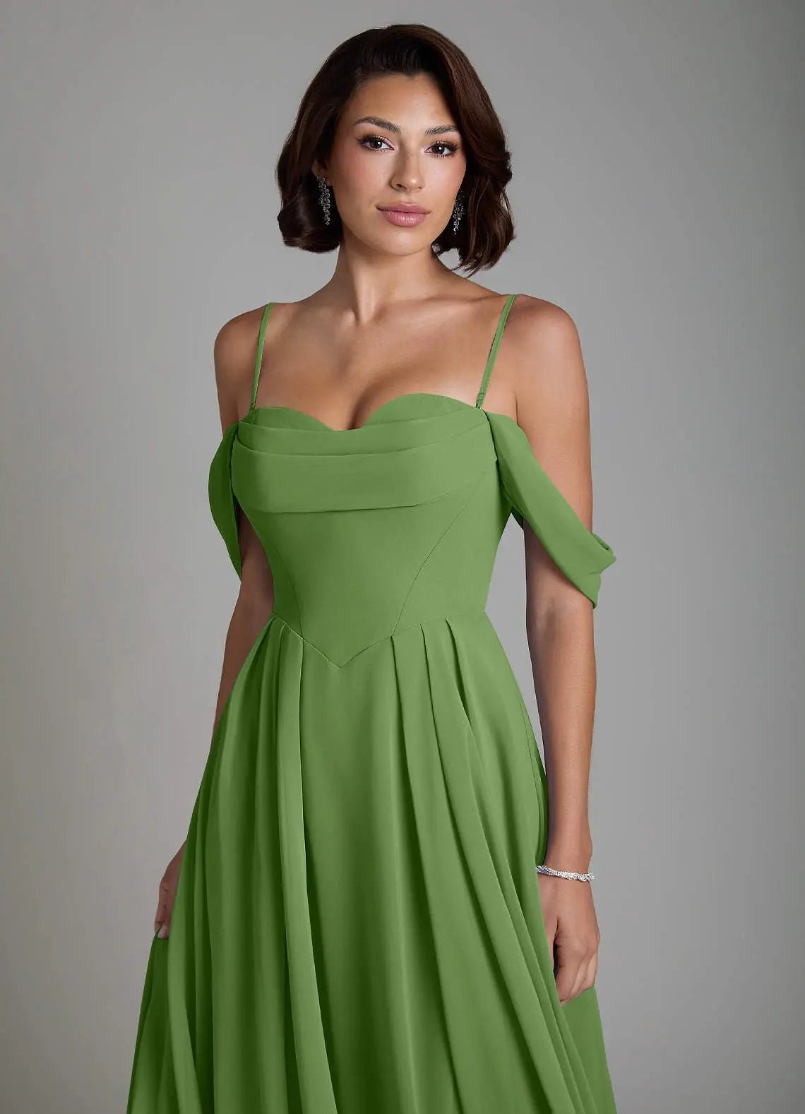 Loisa A-Line Off-the-Shoulder Chiffon Bridesmaid Dress in Basil