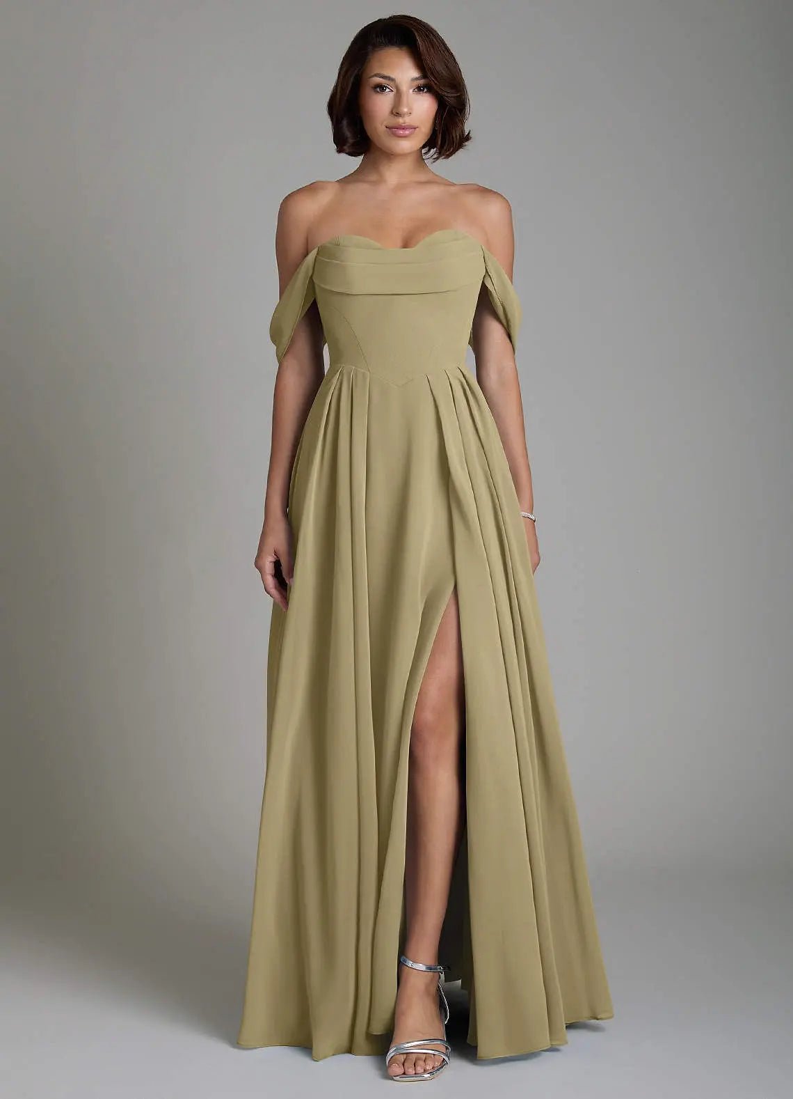 Loisa A-Line Off-the-Shoulder Chiffon Bridesmaid Dress in Moss Green