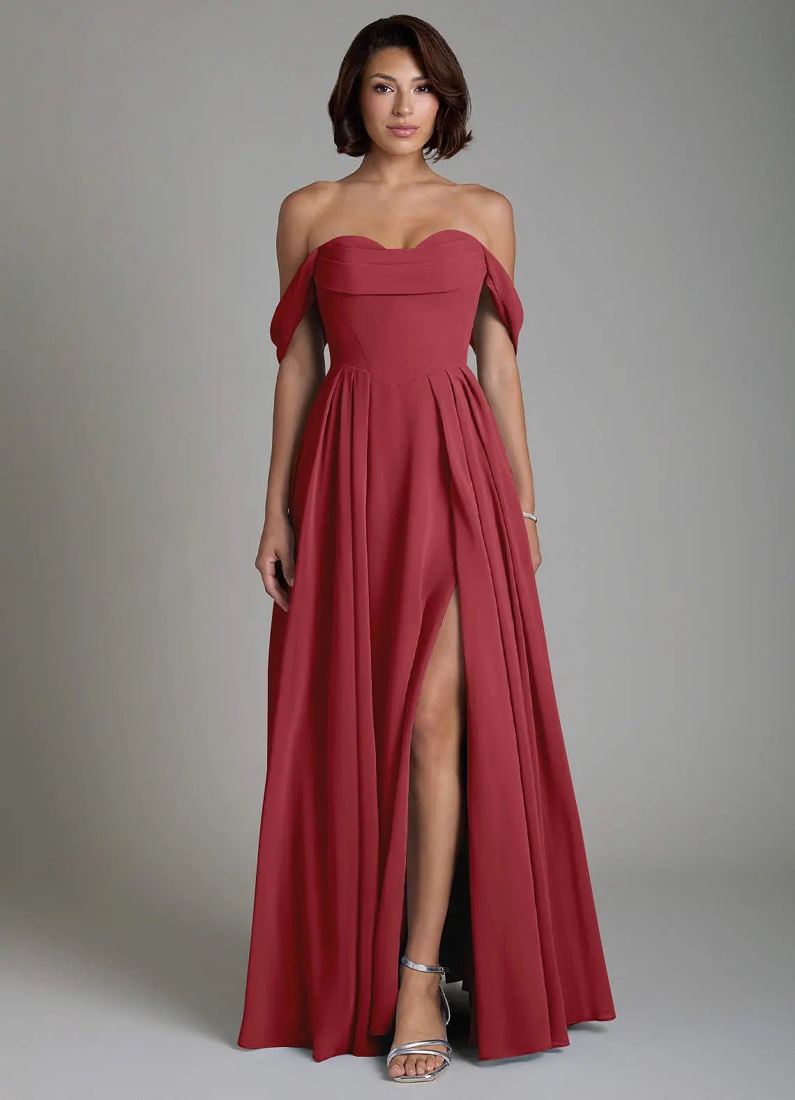 Loisa A-Line Off-the-Shoulder Chiffon Bridesmaid Dress in Pomegranate