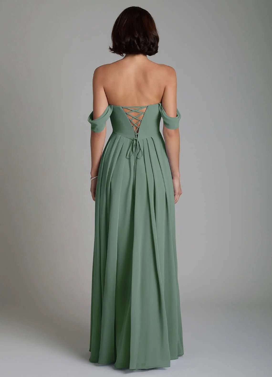 Loisa A-Line Off-the-Shoulder Chiffon Bridesmaid Dress in Eucalyptus