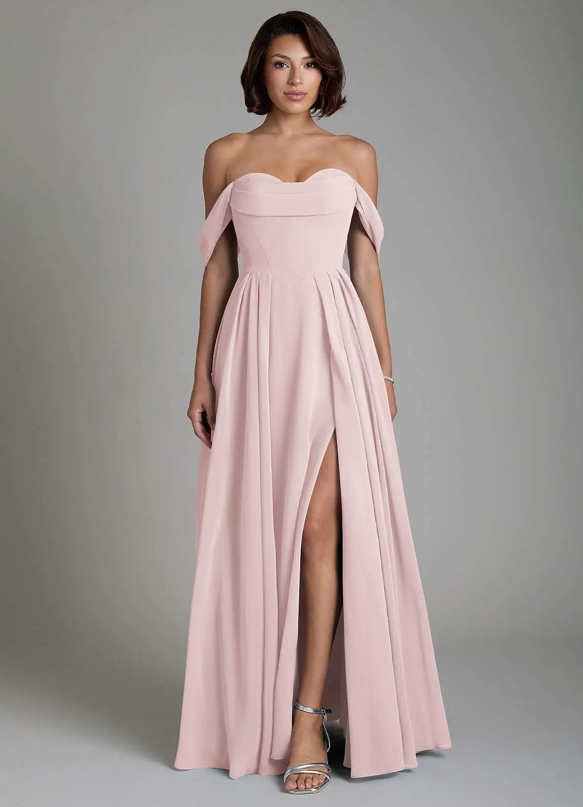 Loisa A-Line Off-the-Shoulder Chiffon Bridesmaid Dress in Blushing Pink