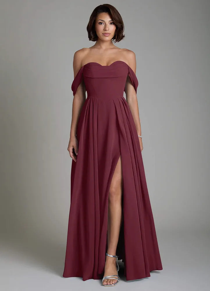Vellina A-Line Off-the-Shoulder Chiffon Bridesmaid Dress in Cabernet