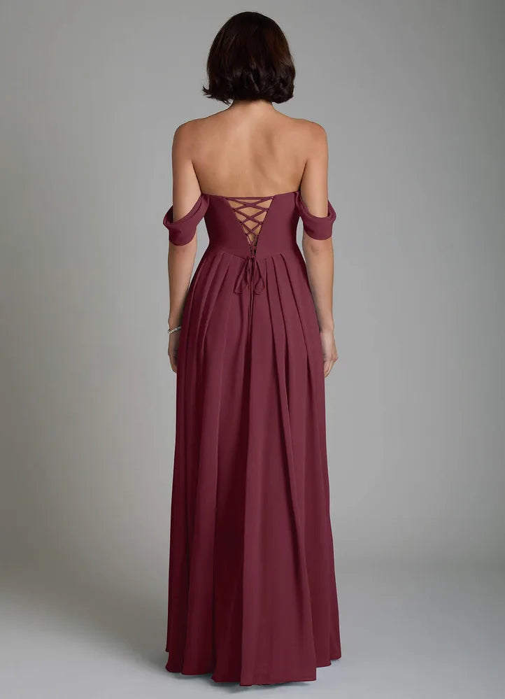 Vellina A-Line Off-the-Shoulder Chiffon Bridesmaid Dress in Cabernet