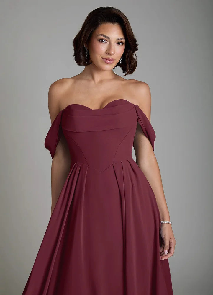 Vellina A-Line Off-the-Shoulder Chiffon Bridesmaid Dress in Cabernet