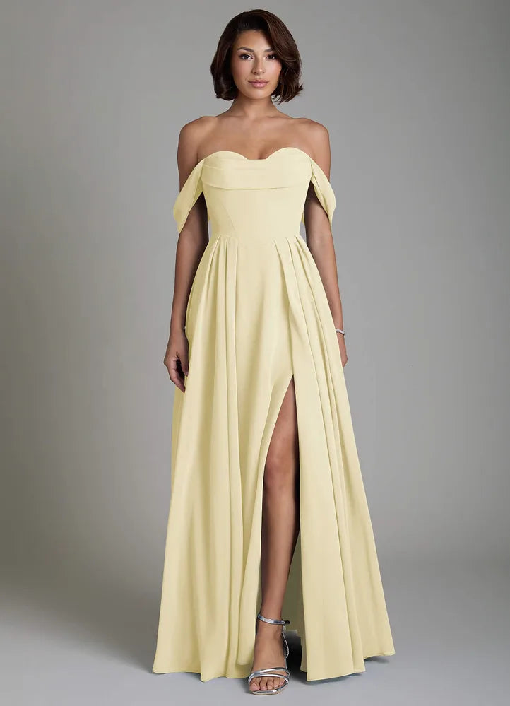 Vellina A-Line Off-the-Shoulder Chiffon Bridesmaid Dress in Lemon Sorbet