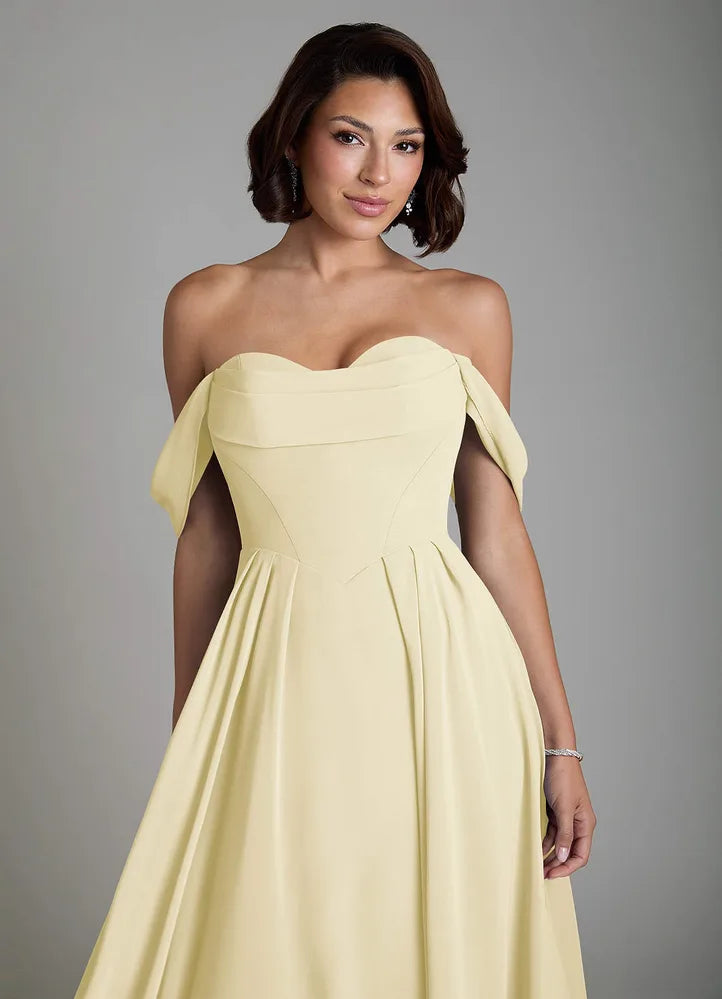 Vellina A-Line Off-the-Shoulder Chiffon Bridesmaid Dress in Lemon Sorbet