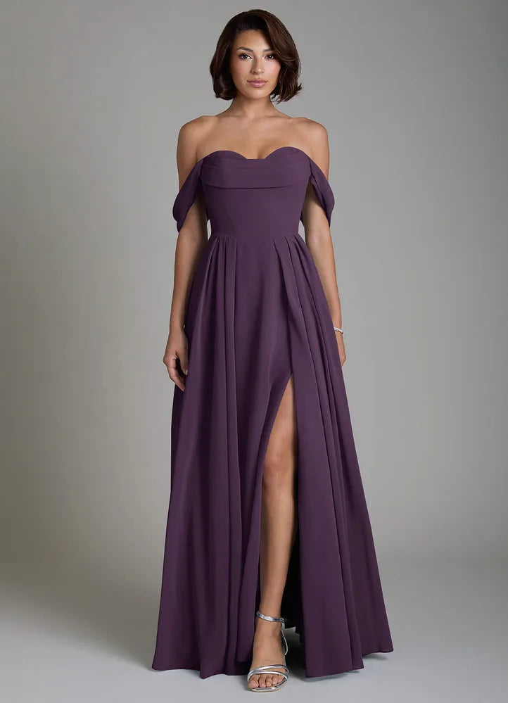 Vellina A-Line Off-the-Shoulder Chiffon Bridesmaid Dress in Plum