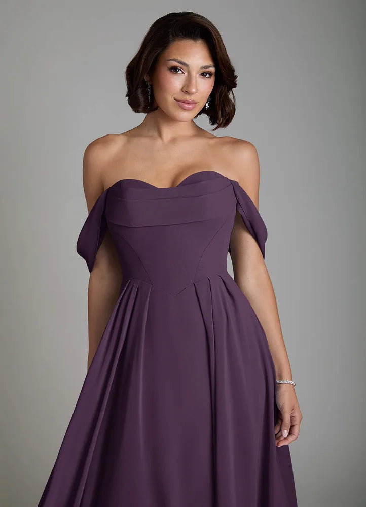 Vellina A-Line Off-the-Shoulder Chiffon Bridesmaid Dress in Plum