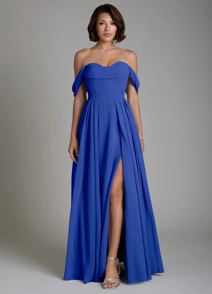 Vellina A-Line Off-the-Shoulder Chiffon Bridesmaid Dress in Royal Blue