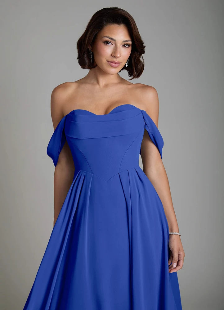 Vellina A-Line Off-the-Shoulder Chiffon Bridesmaid Dress in Royal Blue