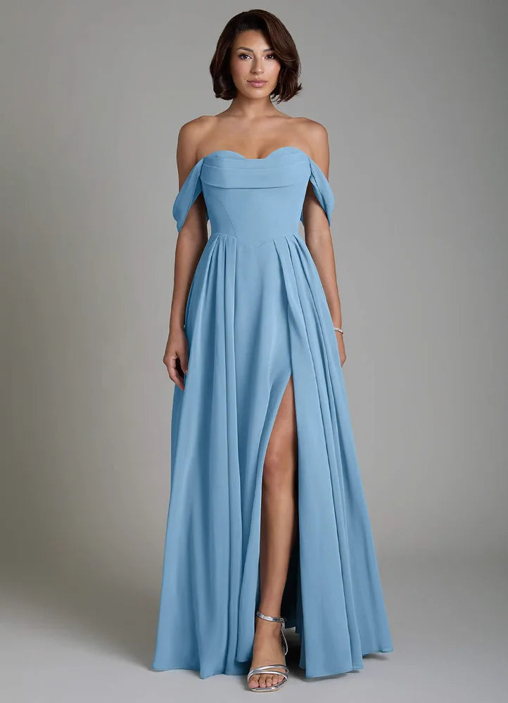 Vellina A-Line Off-the-Shoulder Chiffon Bridesmaid Dress in Steel Blue