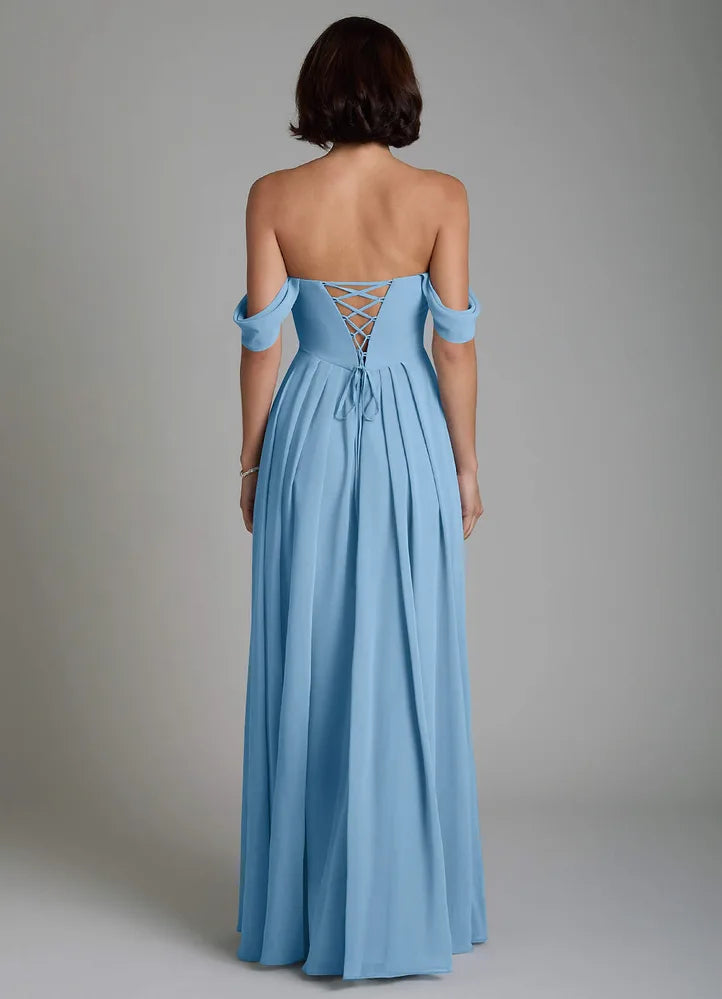 Vellina A-Line Off-the-Shoulder Chiffon Bridesmaid Dress in Steel Blue