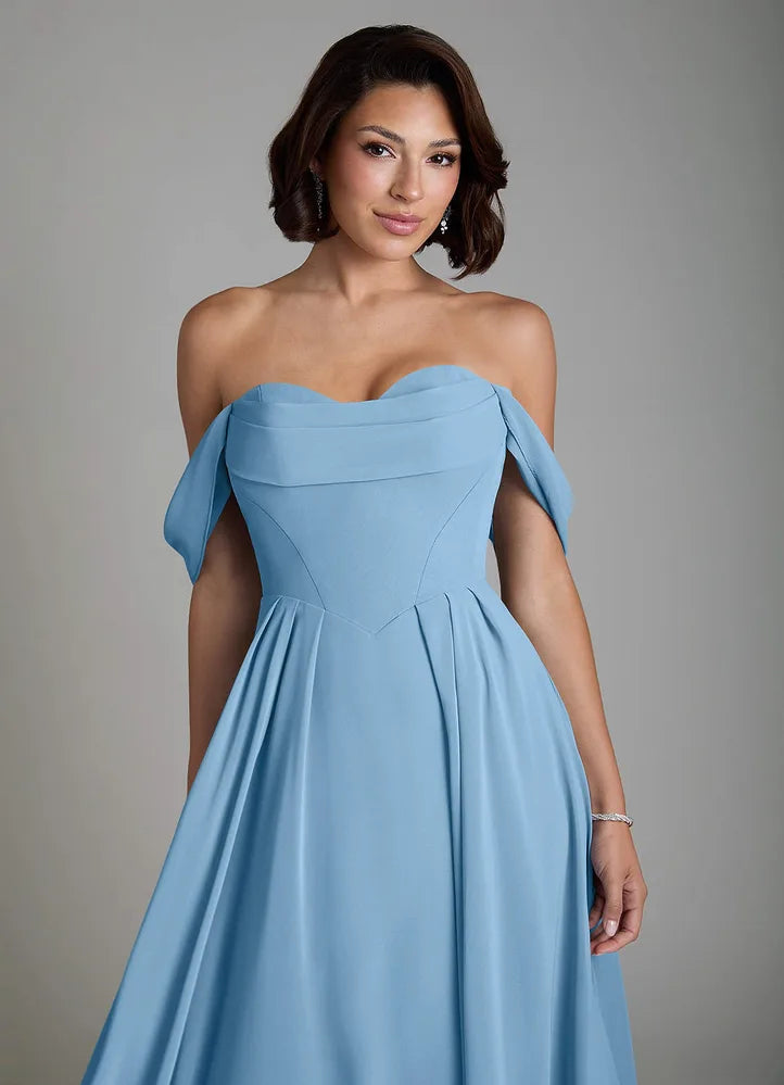 Vellina A-Line Off-the-Shoulder Chiffon Bridesmaid Dress in Steel Blue