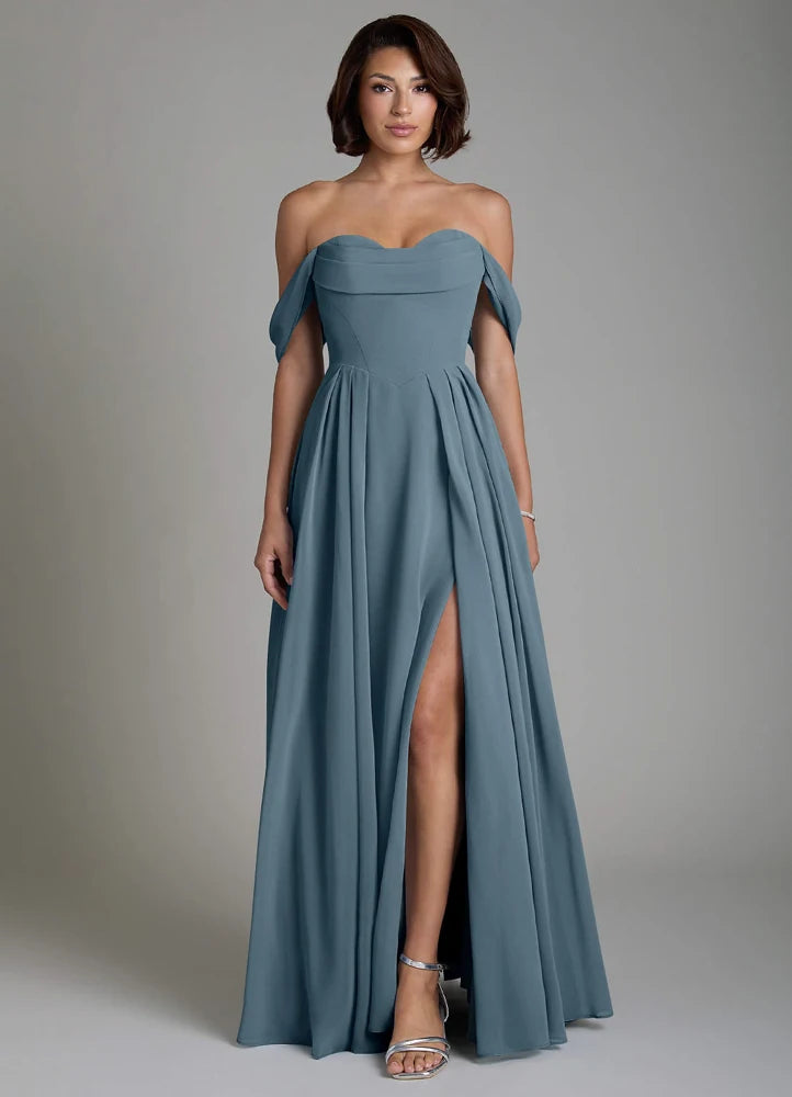 Vellina A-Line Off-the-Shoulder Chiffon Bridesmaid Dress in Twilight