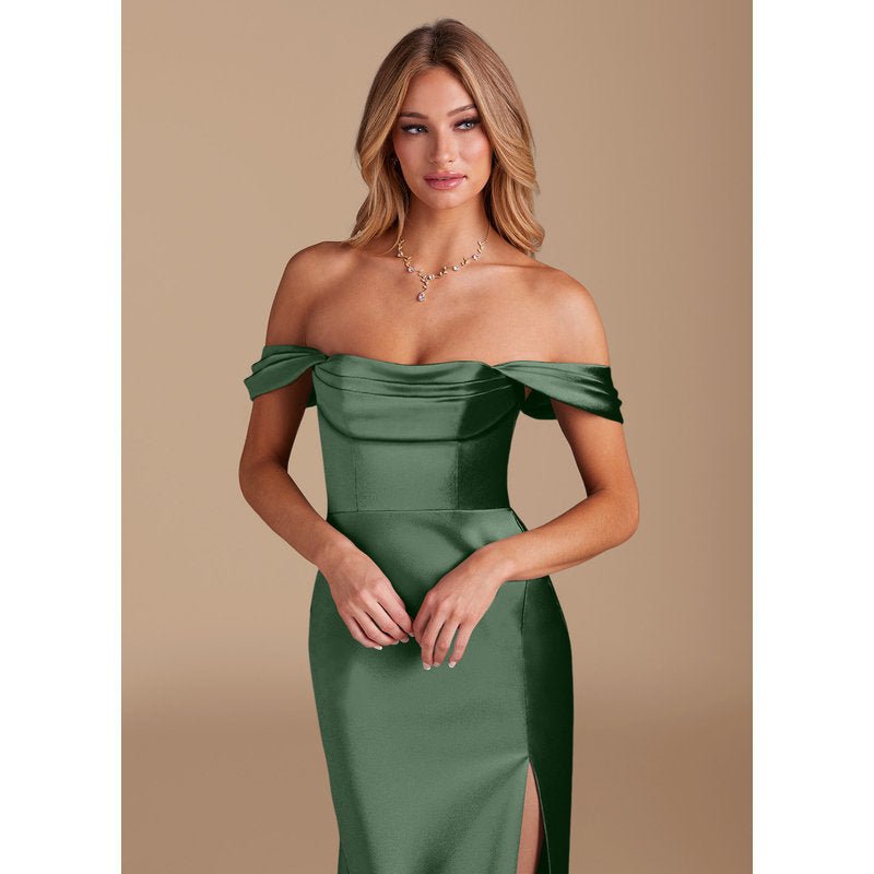 Velora Sheath Off-the-Shoulder Metallic Satin Bridesmaid Dress in Eucalyptus - official view 4