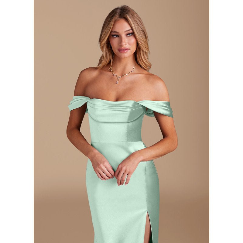 Velora Sheath Off-the-Shoulder Metallic Satin Bridesmaid Dress in Agave - official view 5
