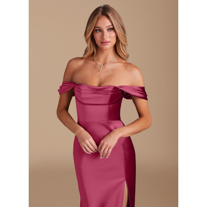 Velora Sheath Off-the-Shoulder Metallic Satin Bridesmaid Dress in Burgundy - official view 4