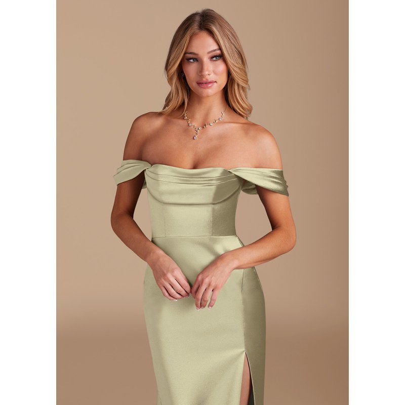 Velora Sheath Off-the-Shoulder Metallic Satin Bridesmaid Dress in Moss Green - official view 4