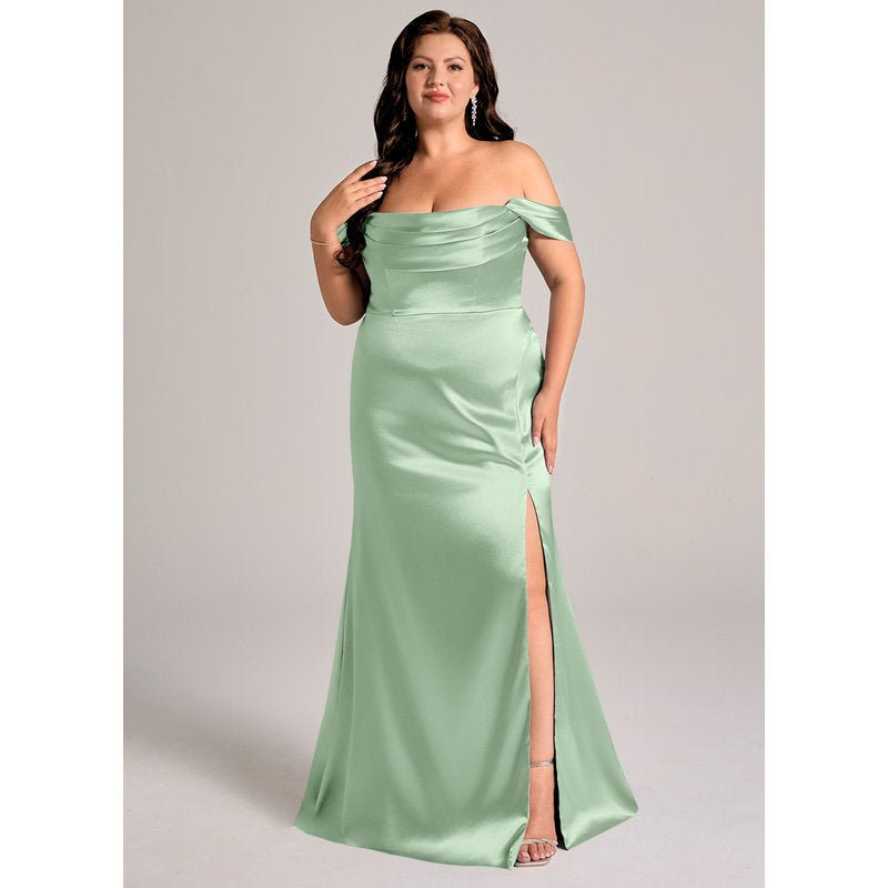 Velora Sheath Off-the-Shoulder Metallic Satin Bridesmaid Dress in Matcha - official view 11
