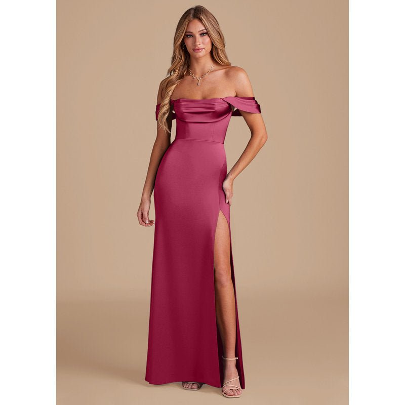 Velora Sheath Off-the-Shoulder Metallic Satin Bridesmaid Dress in Burgundy - official view 6
