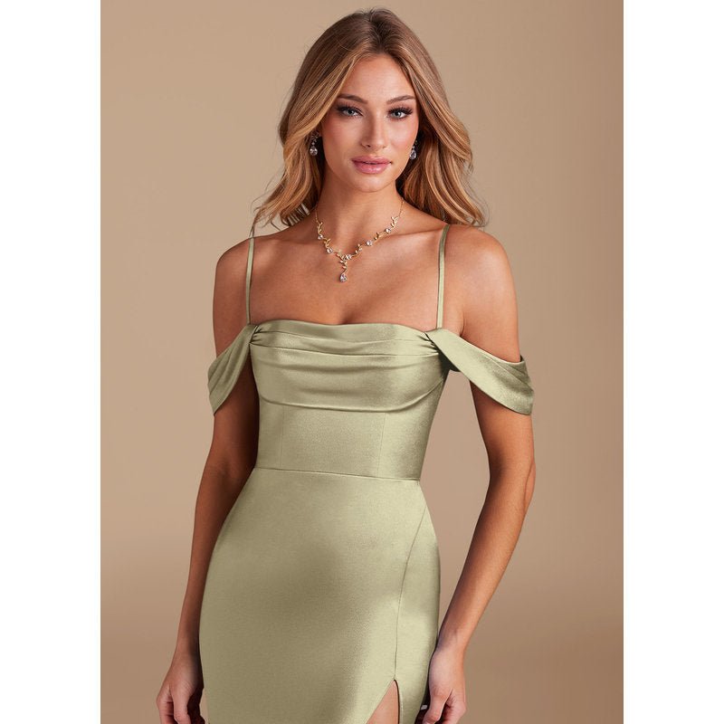 Velora Sheath Off-the-Shoulder Metallic Satin Bridesmaid Dress in Moss Green - official view 8