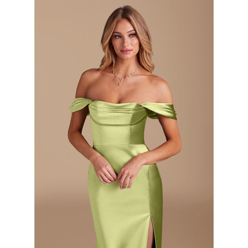 Velora Metallic Satin Bridesmaid Dress in Pistachio - view 2