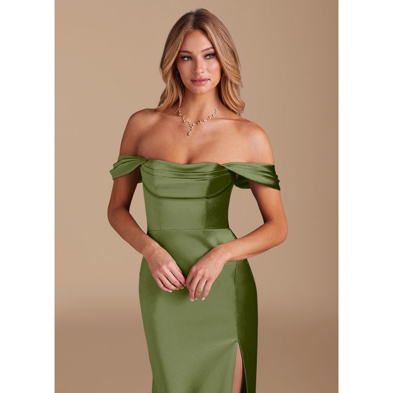 Velora (Azazie Saige) Olive Metallic Satin Bridesmaid Dress — official gallery view 4