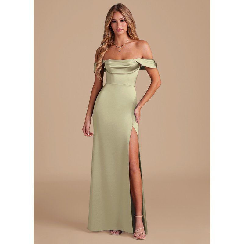 Velora Sheath Off-the-Shoulder Metallic Satin Bridesmaid Dress in Moss Green - official view 6