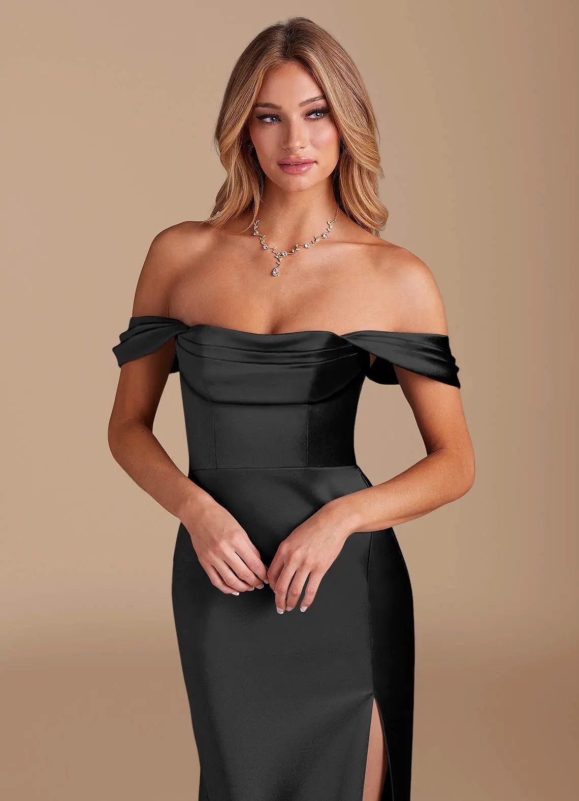 Saige Sheath Off-the-Shoulder Metallic Satin Bridesmaid Dress