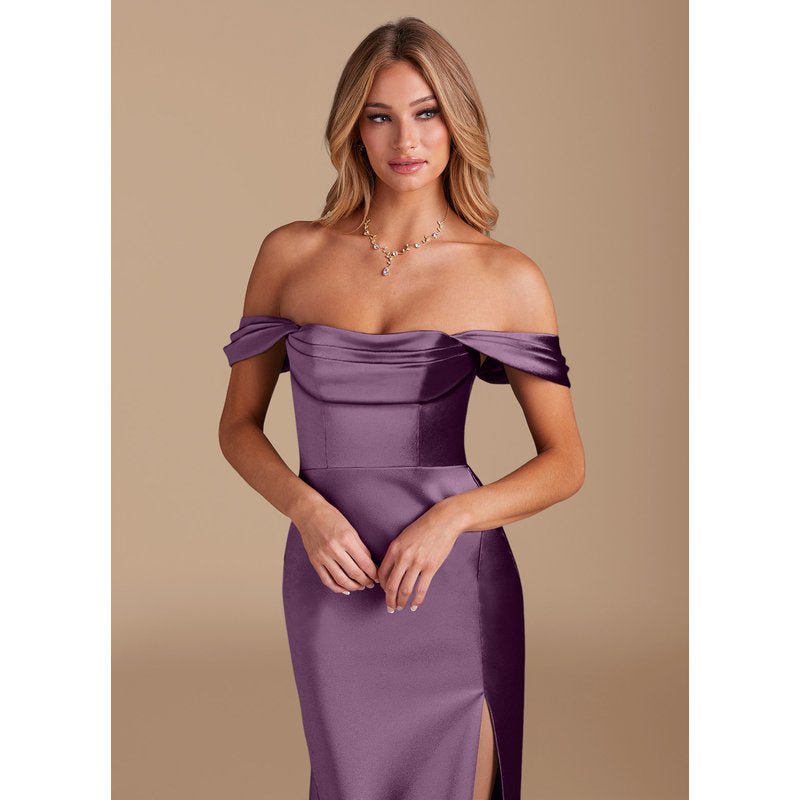 Velora (Azazie Saige) Plum Metallic Satin Bridesmaid Dress — official gallery view 4