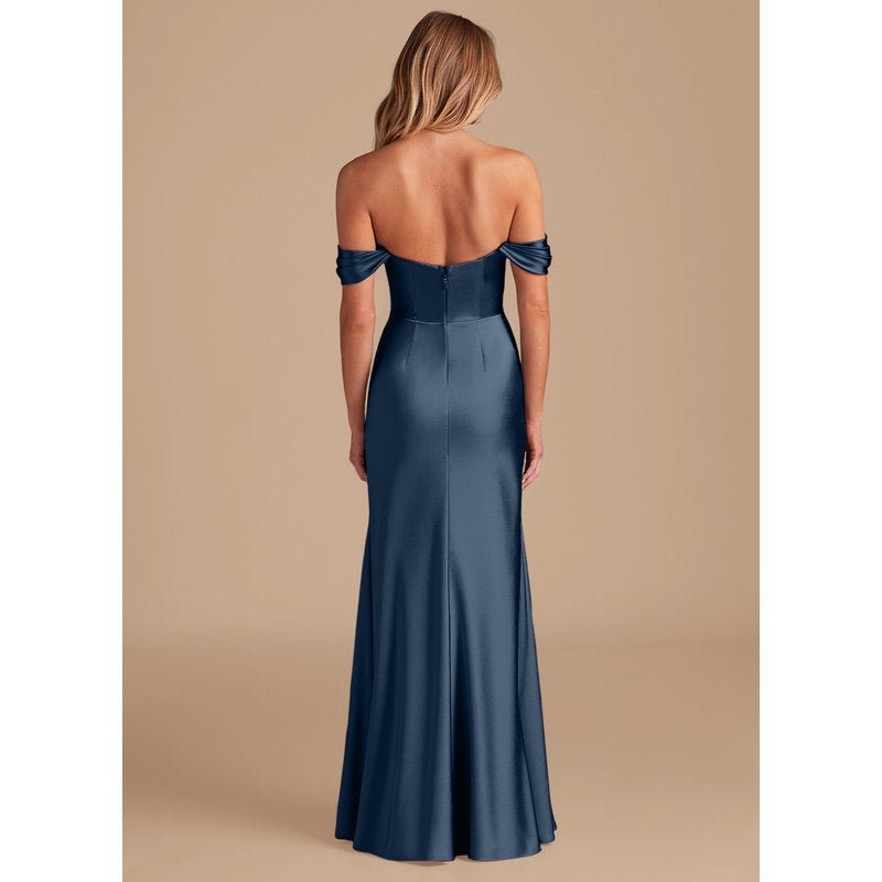 Velora Sheath Off-the-Shoulder Metallic Satin Bridesmaid Dress in Dark Navy - official view 5