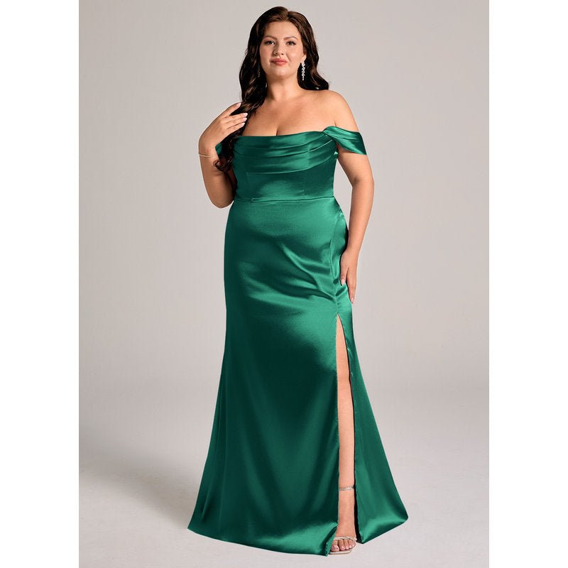 Velora Sheath Off-the-Shoulder Metallic Satin Bridesmaid Dress in Emerald - official view 11
