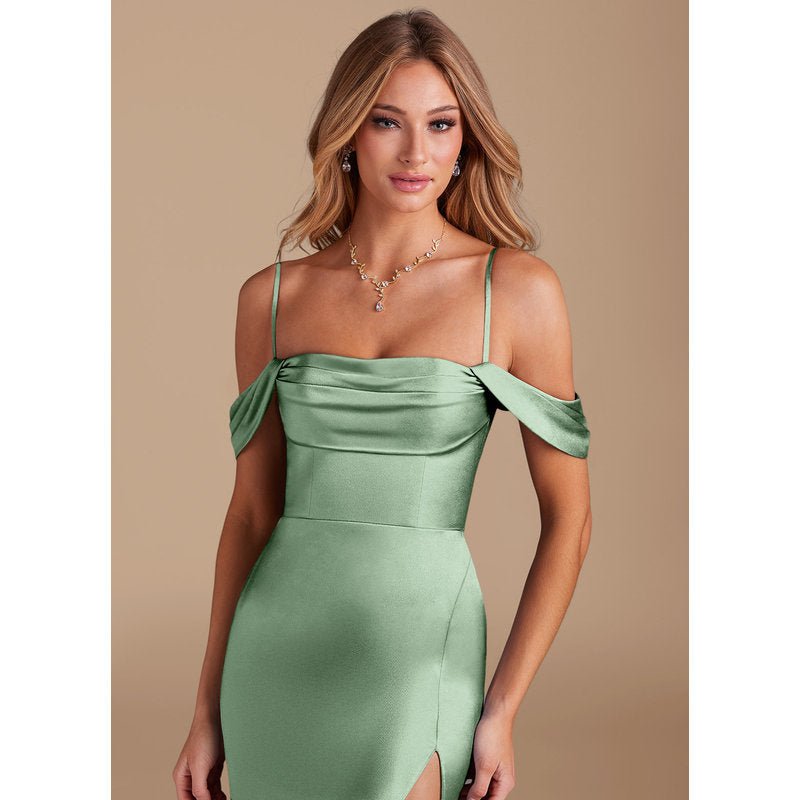 Velora Sheath Off-the-Shoulder Metallic Satin Bridesmaid Dress in Matcha - official view 8