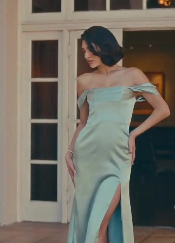 Saige Sheath Off-the-Shoulder Metallic Satin Bridesmaid Dress in Dusty Sage