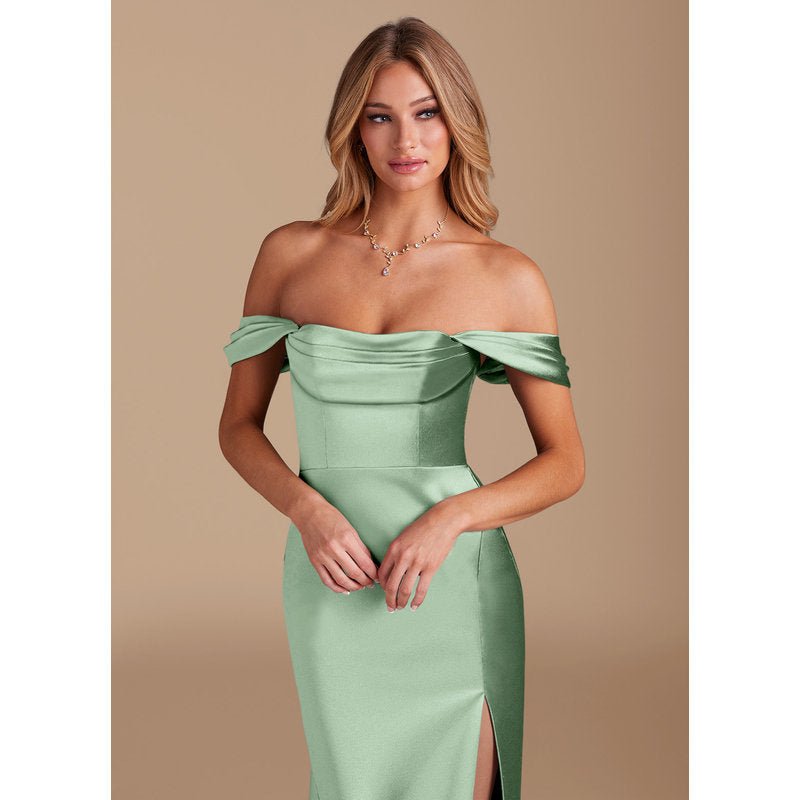 Velora Sheath Off-the-Shoulder Metallic Satin Bridesmaid Dress in Matcha - official view 4
