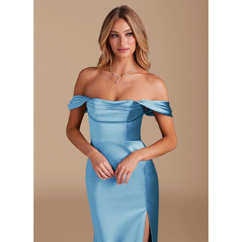 Velora Metallic Satin Bridesmaid Dress in Steel Blue - view 3