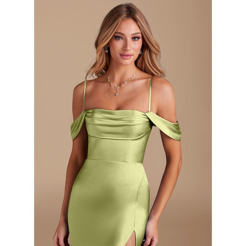 Velora Metallic Satin Bridesmaid Dress in Pistachio - view 1