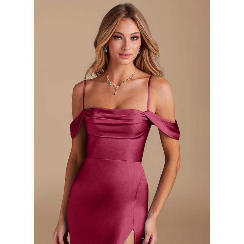 Velora Sheath Off-the-Shoulder Metallic Satin Bridesmaid Dress in Burgundy - official view 8