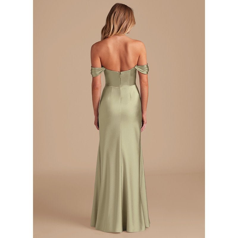 Velora Sheath Off-the-Shoulder Metallic Satin Bridesmaid Dress in Moss Green - official view 5