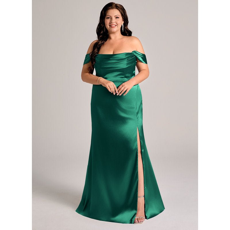 Velora Sheath Off-the-Shoulder Metallic Satin Bridesmaid Dress in Emerald - official view 9