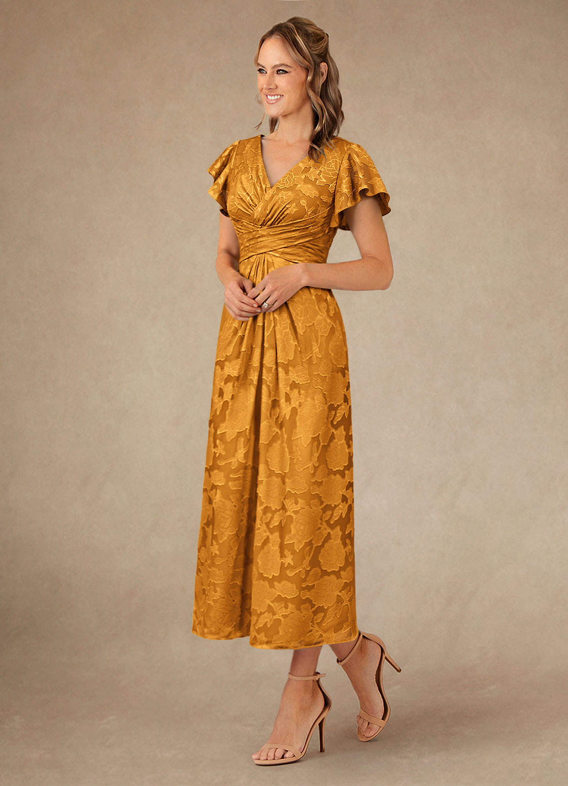 Vera A-Line V-Neck Floral Burnout Mother of the Bride Dress in butterscotch